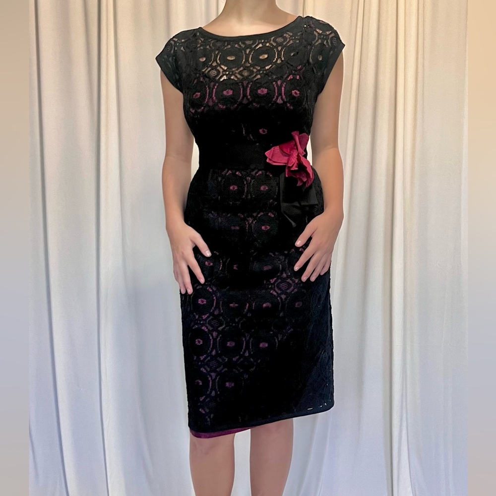 Vintage Nanette Lepore Black Lace Midi Dress with Burgundy Slip Underneath Sz 4